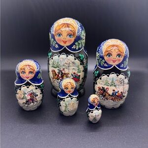 Russian Nesting Dolls with Blue and White Winter Design signed by artist